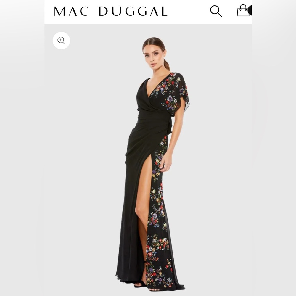 MAC DUGGAL Black Faux Wrap Multi Colored Beaded Floral Gown